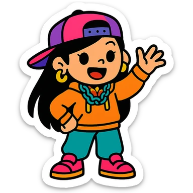 Edit the image to depict a girly girl with long black hair, wearing a trendy streetwear outfit in vibrant toon style, with no background. sticker