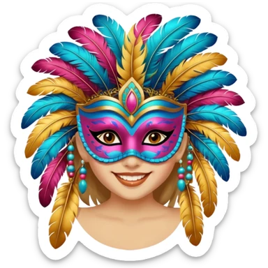 A girl wearing a decorated festival mask with bright feathers, smiling softly beneath it. sticker