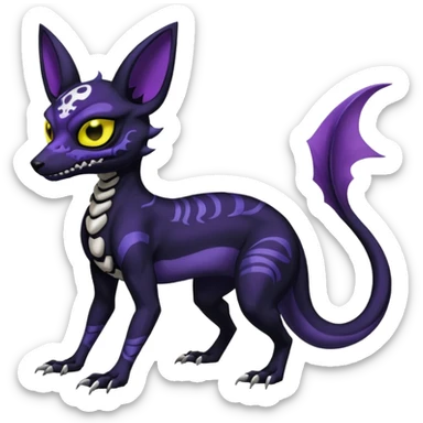 Gothic spooky Scaley Exotic Salandit-Umbreon-Noibat-Fakémon-hybrid-creature (full body), 4 legs, white skull face mask sticker