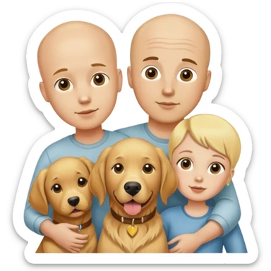 Young Bald man and bald woman with golden retriever and bald children sticker