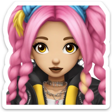 hime gyaru girl, blue eyes, hot pink and yellow split-dyed hair, dark makeup, punk clothes sticker