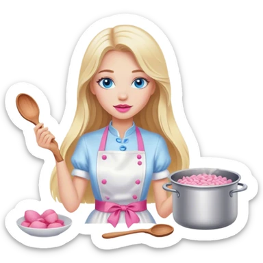 Cinematic realistic beautiful blonde with long hair, blue eyes and pink lips in a white dress cooks sticker