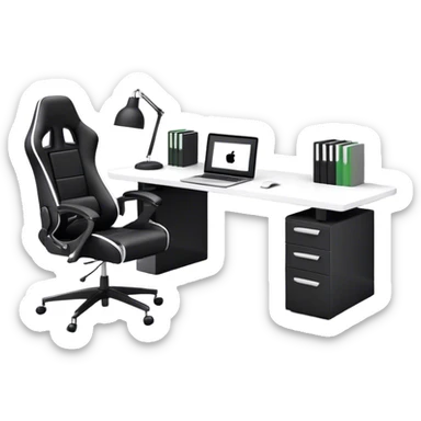 Create a basic 3D room. In it: A black and white home office workstation with a wide monitor and a laptop. Black gaming chair and without wall shelves sticker