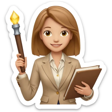 confident female mentor with shoulder-length light brown hair, smiling, smart blazer and blouse, holding scroll as quest guide sticker