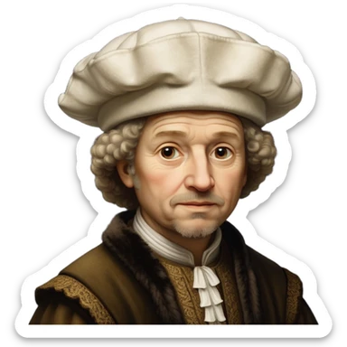 emoji of rembrandt,-shown-as-a-master-artist-with-deep,-introspective-eyes-and-richly-detailed-period-clothing,-rendered-with-dramatic-chiaroscuro-lighting-that-emphasizes-his-legacy white puffy hat sticker