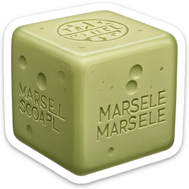 single cube of traditional Marseille soap, matte slightly rough surface, pale olive-green color, embossed classic markings on sides, natural imperfections like air bubbles and uneven edges, no packaging or extras, soft lighting, subtle shadows, emoji scale sticker
