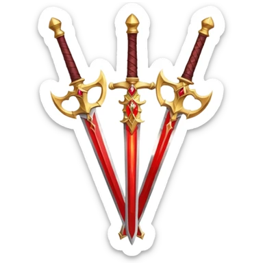 Two crossed swords that are golden in blade and handle and have fiery and royal appearence to them as well as red gem stones sticker