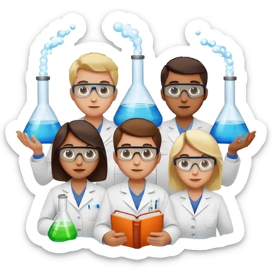 The team of scientists is waist-deep, surrounded by chemical flasks and books sticker