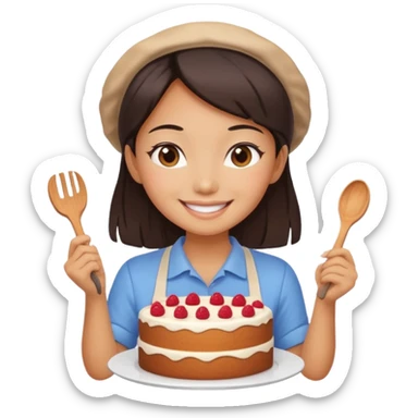 hot Asian girl baking a cake, smiling sticker