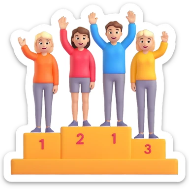 winners podium with three people, numbers 2, 1, 3 left to right, all in relaxed casual clothes, center person on 1 step raising one finger on each hand, cheerful, expressive, friendly, 3D emoji style sticker