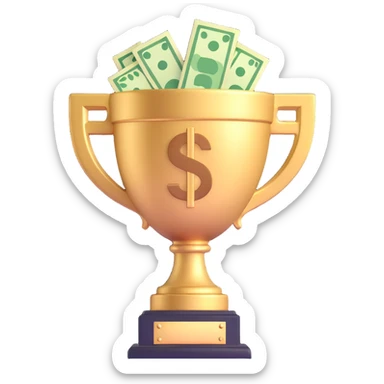highly-detailed, realistic 3D icon of a large trophy filled with dollars and money, brightly lit, isolated on transparent background sticker