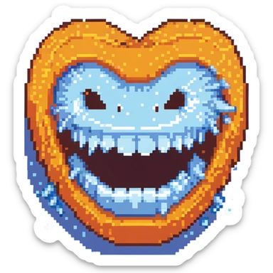Pixel art blue freezing face with chattering teeth and ice crystals sticker