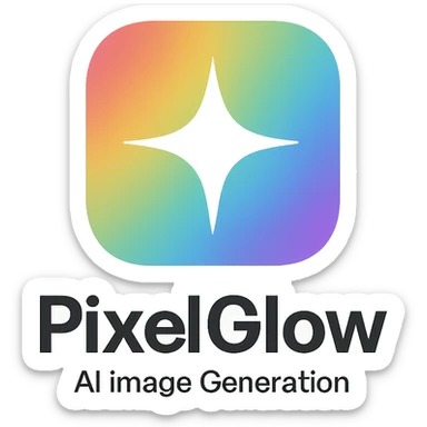 modern minimal logo for an AI image generation app called PixelGlow, featuring a rounded square with a smooth rainbow gradient background, central crisp white sparkle or geometric starburst icon, evoking creativity, magic, and glow, clean, professional, tech-friendly, and fun sticker