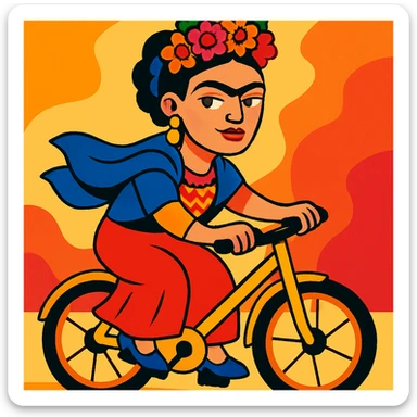 Frida Kahlo riding a bicycle, vibrant colors, floral headpiece, expressive face, artistic style sticker