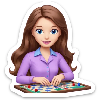 beautiful barbie girl with long brown hair, blue eyes and wearing light purple clothes playing board games sticker