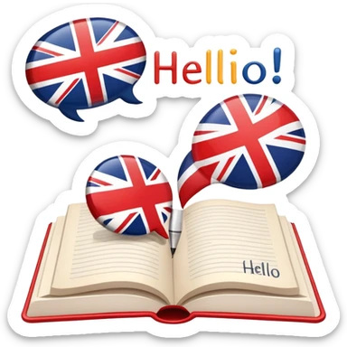 An icon featuring an open book with English words and phrases, a speech bubble with 'hello', and a British flag. The design includes a pen, alphabet letters, and grammar symbols, symbolizing the study and mastery of the English language. Transparent background. sticker