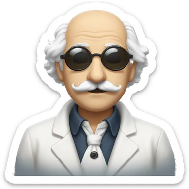 a scientist resembling Albert Einstein, bald over head, with black hair on the sides of his head, a large mustache and circle like sunglasses. Wearing a white duster.  sticker