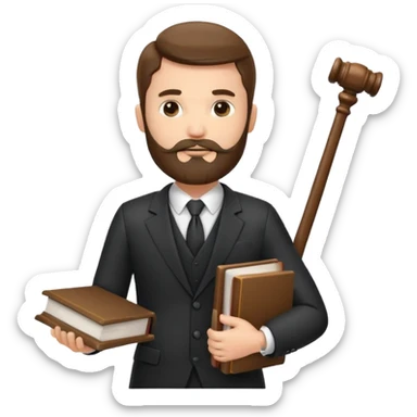 Create a male lawyer. he is wearing a fromal suit jckeret. He is holding a gavel in one hand and a book tucked under his another arm. He has beard  sticker