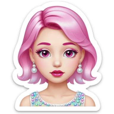 “Emoji girl, glossy pink eyelids, ombré cherry lips, soft contour, subtle glitter under eyes, pearl hair clips, trendy hairstyle, iridescent modern top.” sticker