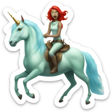 [politically incorrect
	{ woman: alien, color: light green, hair:red, eyes:cat} ]
	on a 
	[{ unicorn: white, legged:four, mane: light blue }] sticker