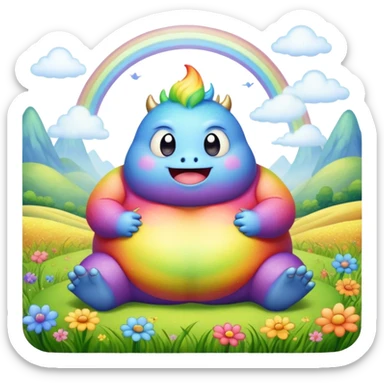 Kawaii derpy fat rainbow monster sitting in a magic field, rich textures, visually detailed, so lifelike that it feels like it could leap off the page at any moment sticker