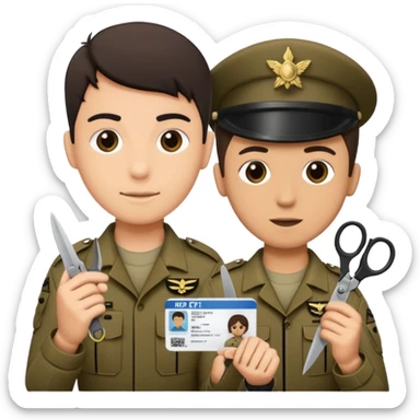 black Scissors cutting an idf soldier ID card in 2 parts .hyper realistic sticker