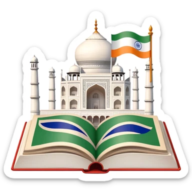 An icon featuring the Taj Mahal and the flag of India, symbolizing the Hindi language. The design includes an open book with Hindi script, representing language learning and cultural richness. Transparent background highlights the heritage of India. sticker