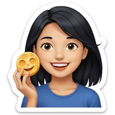 smiling girl with black hair eating the moon sticker