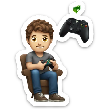 A guy with brown hair sitting down holding an Xbox controller sticker