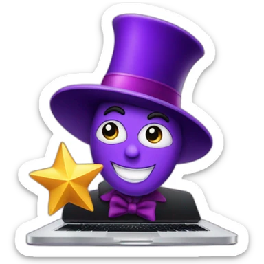 magician with a purple pointy magic hat with a star working on a macbook sticker