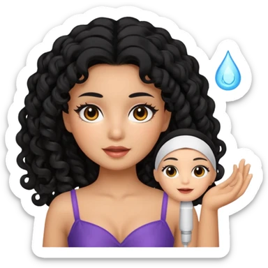 Uma boneca morena com olhos castanhos e cabelo cacheado longo preto, fazendo skin care sticker