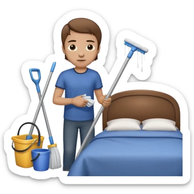 Man with light skin, brown hair, and brown eyes, cleaning a bedroom  sticker