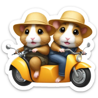 Two hamsters wearing sun hats driving by motorbike sticker