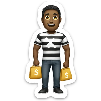 man with black and white stiped t-shirt holding a bag with dollar symbol sticker