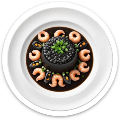 cinematic-realistic-black-risotto-dish-emoji,-showcasing-small squid pieces in black sauce -rendered-with-bold-textures-and-dynamic,-dramatic-lighting in a white plate sticker