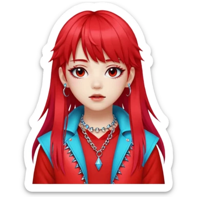  portrait-of-a-red devil-k-pop-idol,-wearing-a-stylish-streetwear-outfit-with-layered-colorful-clothing,-long-hair-with-bangs,-makeup,- sticker