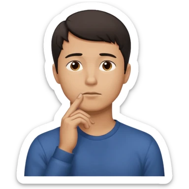 man standing, looking up to the top right, right hand touching his chin, thinking pose, thoughtful expression
 sticker