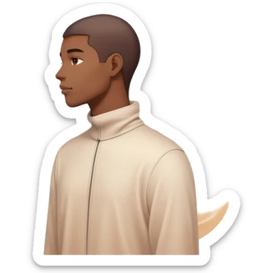 Minimalist male profile surrounded by ethereal energy waves with clothing items and accessories floating around it, style inspiration concept sticker