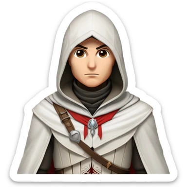 icon featuring Assasin's Creed in an iconic assassin's hood, standing tall against the backdrop of Florence. The design captures the essence of adventure, with intricate details of historical architecture and a sense of mystery. The character is poised, ready for action. transparent background. sticker