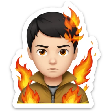 boy with short black hair, fire, risk-taker, realist sticker