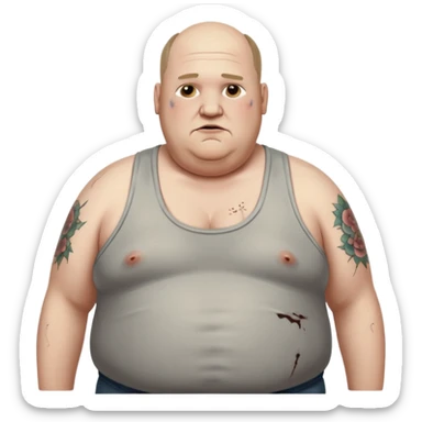 extremely morbidly obese middle aged white man in wifebeater with  dirty appearance. His hair is balding and grey and greasy sticker