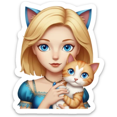 Blue-eyed blonde, slightly red-haired, short hair, just above her shoulders. in her arms is a cat with blue eyes, breed: Nevsky-masquerade. sticker