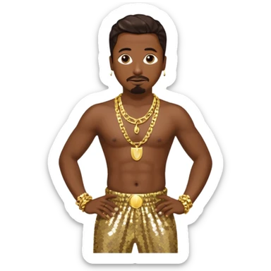 MC Hammer with dark brown hair, gold sequin harem pants, shirtless with necklace sticker