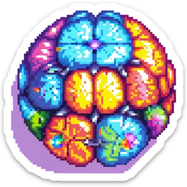 Add a colorful, vibrant core to the brain, making the center of the crystal brain glow with multiple bright colors, in pixel art style, with no background. sticker
