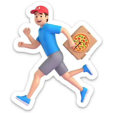 a man running with a pizza box in his hands, smiling, 3D cartoon style, dynamic action pose sticker