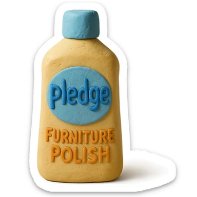 claymation style bottle of furniture polish inspired by Pledge, yellow and blue label, pastel colors, visible fingerprints, soft matte finish sticker