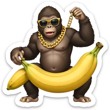 A realistic gorilla with cool shades and a gold chain riding a banana  sticker