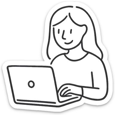 minimalist teal line art of a woman using a laptop, clean lines sticker