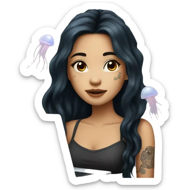 beautiful girl, with jellyfish tattoos, with long black hair, wavy hair, chinese, with laptop sticker