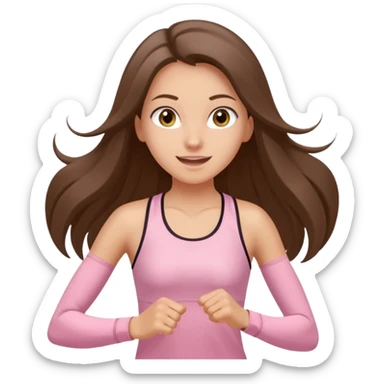 white happy brunette teen long hair with hazel eyes in light pink workout clothes jogging through race finish line sticker